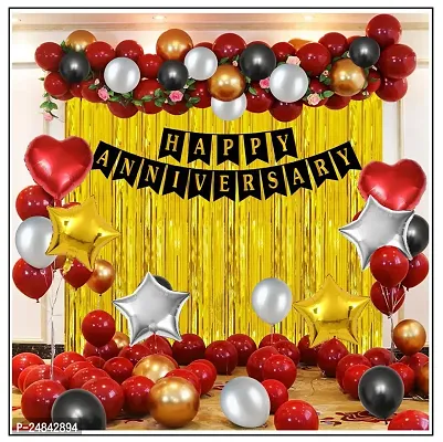 Happy Anniversary Decoration Kit For Home- 70 Items Happy Anniversary Banner, Foil Curtains, Metallic Balloons, Star, Heart Foil Balloons-thumb0