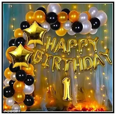 1st Happy Birthday Decorations Kit-Golden, Black  Silver theme for B'day Party Decorations with Fairy LED Light Combo