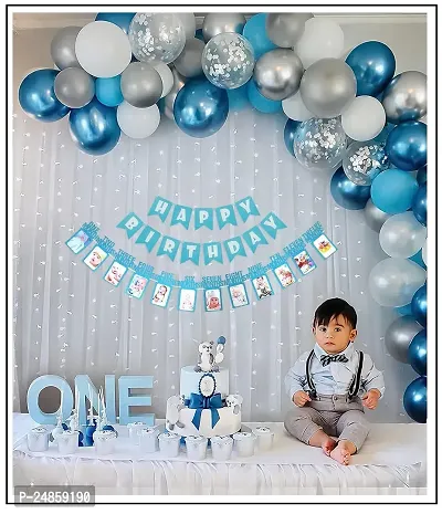 1St Birthday Decoration With Monthly Photo Banner For Boys, Net Fabric Backdrop Diy Combo Set With Balloon Garland Arch Tape, Fairy Led Lights-thumb0