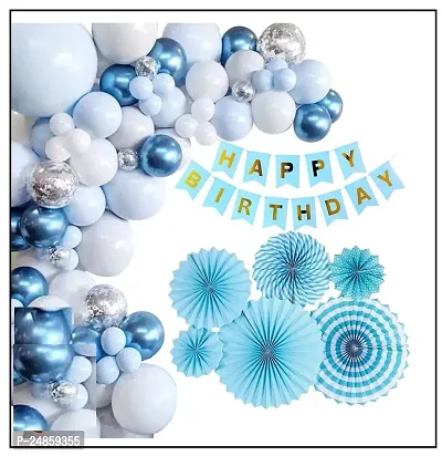Happy Birthday Decorations for Boys- Blue Paper Fan, Hand Balloon Pump, Metallic Balloons with Blue Paper Banner -Decoration Items for Birthday Party