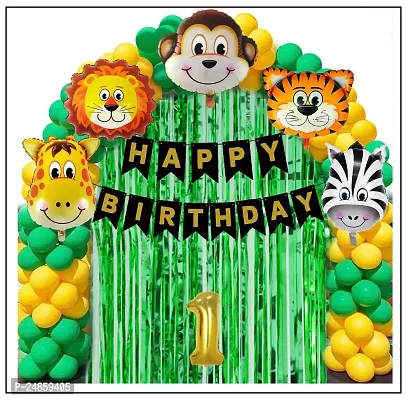 1st Year  Jungle Theme Birthday Decoration Kit Boys 67 Combo Set - Green, Yellow, Animal Face Foil Balloon, Green Birthday Backdrop Foil Curtain-thumb0