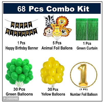 1st Year  Jungle Theme Birthday Decoration Kit Boys 67 Combo Set - Green, Yellow, Animal Face Foil Balloon, Green Birthday Backdrop Foil Curtain-thumb2