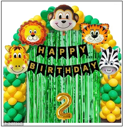 2nd Years  Jungle Theme Birthday Decoration Kit Boys 68 Combo Set - Green, Yellow, Animal Face Foil Balloon, Green Birthday Backdrop Foil Curtain-thumb0