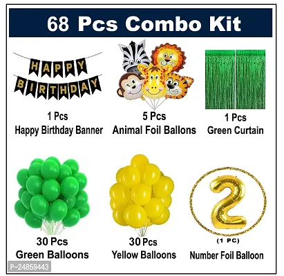 2nd Years  Jungle Theme Birthday Decoration Kit Boys 68 Combo Set - Green, Yellow, Animal Face Foil Balloon, Green Birthday Backdrop Foil Curtain-thumb2