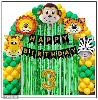 3rd Years  Jungle Theme Birthday Decoration Kit Boys 68 Combo Set - Green, Yellow, Animal Face Foil Balloon, Green Birthday Backdrop Foil Curtain