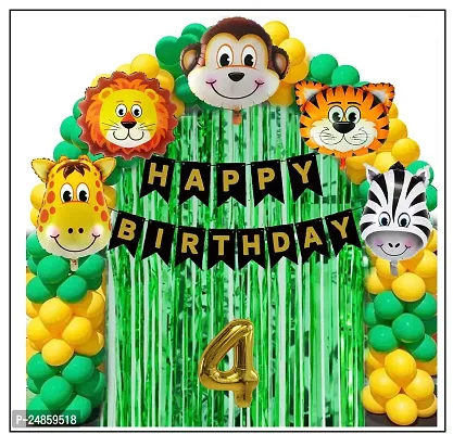 4th Years  Jungle Theme Birthday Decoration Kit Boys 68 Combo Set - Green, Yellow, Animal Face Foil Balloon, Green Birthday Backdrop Foil Curtain