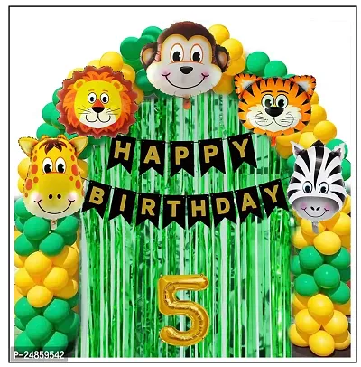 5th Years  Jungle Theme Birthday Decoration Kit Boys 68 Combo Set - Green, Yellow, Animal Face Foil Balloon, Green Birthday Backdrop Foil Curtain-thumb0