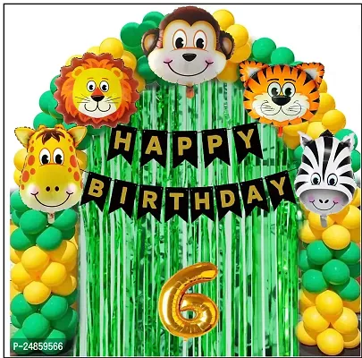 6th Years  Jungle Theme Birthday Decoration Kit Boys 67 Combo Set - Green, Yellow, Animal Face Foil Balloon, Green Birthday Backdrop Foil Curtain