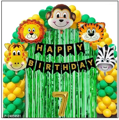 7th Years  Jungle Theme Birthday Decoration Kit Boys 67 Combo Set - Green, Yellow, Animal Face Foil Balloon, Green Birthday Backdrop Foil Curtain-thumb0