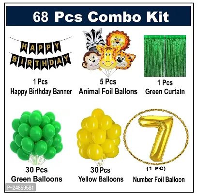 7th Years  Jungle Theme Birthday Decoration Kit Boys 67 Combo Set - Green, Yellow, Animal Face Foil Balloon, Green Birthday Backdrop Foil Curtain-thumb2