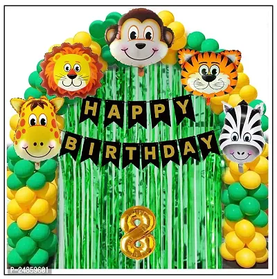 8th Years  Jungle Theme Birthday Decoration Kit Boys 67 Combo Set - Green, Yellow, Animal Face Foil Balloon, Green Birthday Backdrop Foil Curtain-thumb0