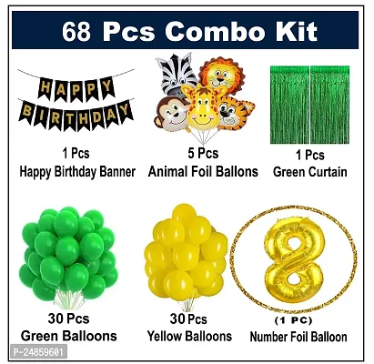 8th Years  Jungle Theme Birthday Decoration Kit Boys 67 Combo Set - Green, Yellow, Animal Face Foil Balloon, Green Birthday Backdrop Foil Curtain-thumb4