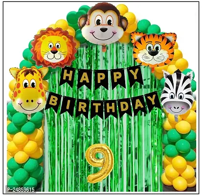 9th Years  Jungle Theme Birthday Decoration Kit Boys 67 Combo Set - Green, Yellow, Animal Face Foil Balloon, Green Birthday Backdrop Foil Curtain