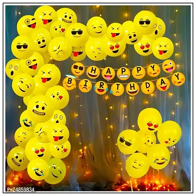 Emoji Theme Birthday Decoration Kit Combo-52Pcs,Birthday Decoration Items For GirlBalloons SetHappy Birthday Banner With Led Lights-thumb0
