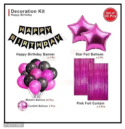 Happy Birthday Decoration Combo of 5 Items  Birthday Party Decoration Black and Pink Theme. Pack of 33 Pcs Material Rubber and Foil-thumb2