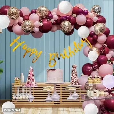 58 Pcs Burgundy Pink Balloons For Birthday Decoration With Happy Birthday Banner Balloon Arch Decoration Set ,Gold Confetti  Chrome Balloon Pump