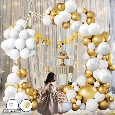 69 Pcs Set Happy Birthday Banner Balloon Arch Decoration Set With White Net Curtains And Fairy Ligh