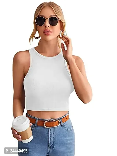 Elegant White Cotton Solid Crop Top For Women-thumb0