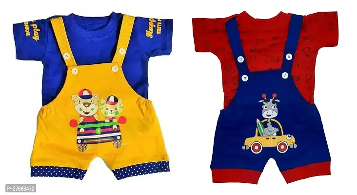 Trendy Multicoloured Cotton Printed Dungaree Set For Boys Set Of 2