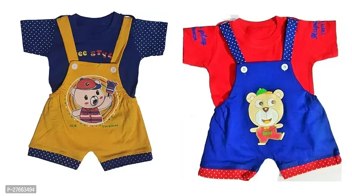 Trendy Multicoloured Cotton Printed Dungaree Set For Boys Set Of 2