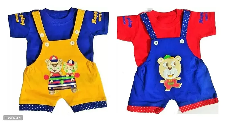 Trendy Multicoloured Cotton Printed Dungaree Set For Boys Set Of 2