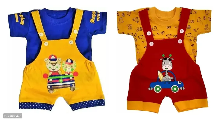 Trendy Multicoloured Cotton Printed Dungaree Set For Boys Set Of 2