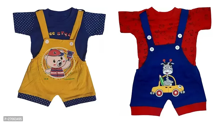 Trendy Multicoloured Cotton Printed Dungaree Set For Boys Set Of 2