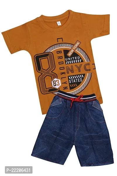 Elegant Orange Cotton Printed T-Shirts with Shorts Set For Kids-thumb0