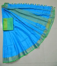 NR Handloom Women's Bhagalpuri Linen Slub Saree With Blouse Piece (NR_1436_Light Sky Blue, Green)-thumb1