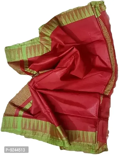 Bhagalpuri Handloom Women's Kota Silk Temple Border Handwoven Saree With Stripes Blouse Piece Attached (Green?Red)