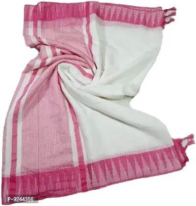 Bhagalpuri Handloom Women's Kota Silk Bunty Temple Saree With Stripes Blouse Piece Attached (Pink-White)