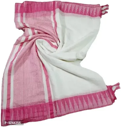 Bhagalpuri Handloom Women's Kota Silk Bunty Temple Saree With Stripes Blouse Piece Attached (Pink-White)-thumb0