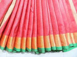 Bhagalpuri Handloom Women's Linen Slub Saree with Contrast Blouse Piece (Green Gold Red)-thumb2