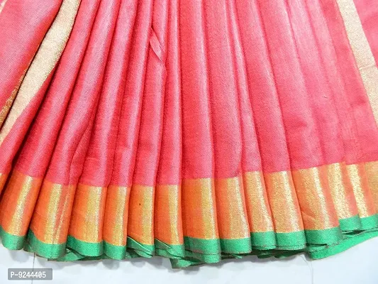 Bhagalpuri Handloom Women's Linen Slub Saree with Contrast Blouse Piece (Green Gold Red)-thumb3