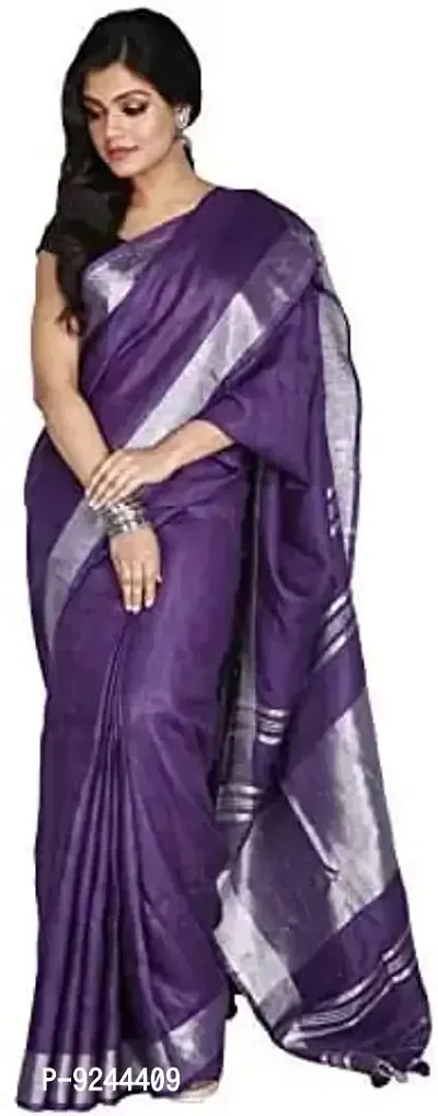 Bhagalpuri Handloom Women's Linen Slub Saree with Running Blouse Piece Attached (Dark Purple)-thumb3