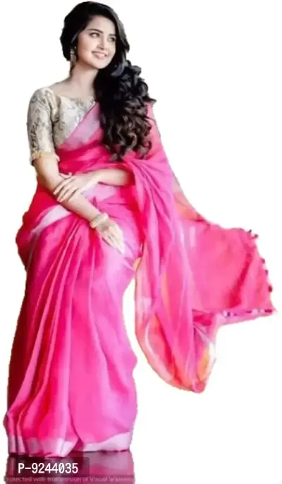 Bhagalpuri Handloom Women's Linen Slub Saree With Running Blouse Piece Attached (Silver-Pink)