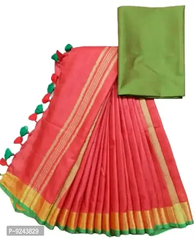 Bhagalpuri Handloom Women's Linen Slub Saree With Contrast Blouse Piece (Green-Gold-Red)-thumb0