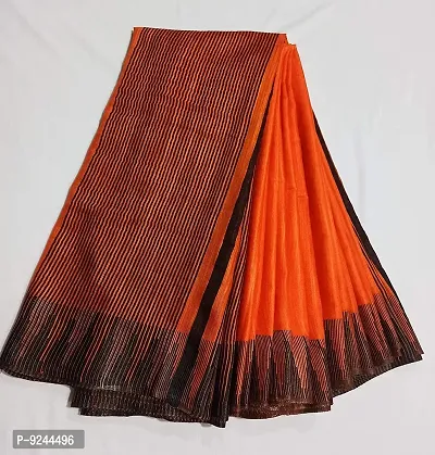 Bhagalpuri Handloom Women's Kota Silk Temple Border Handwoven Saree With Stripes Blouse Piece Attached (Black?Dark-Orange)-thumb2