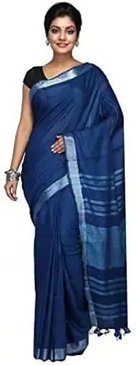 Linen Blended Handloom Bhagalpuri Saree With Running Blouse Piece Attached For Women's (Deep-Sea-Blue)-thumb1