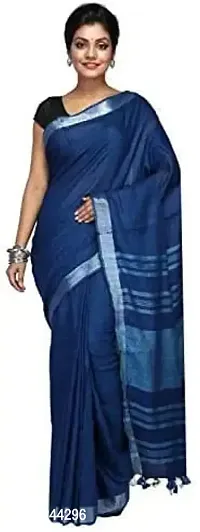 Linen Blended Handloom Bhagalpuri Saree With Running Blouse Piece Attached For Women's (Deep-Sea-Blue)-thumb2