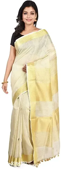 Handloom Women's Bhagalpuri Original  Pure Tissue Linen Saree With Running Blouse Piece (Gold with white)-thumb0