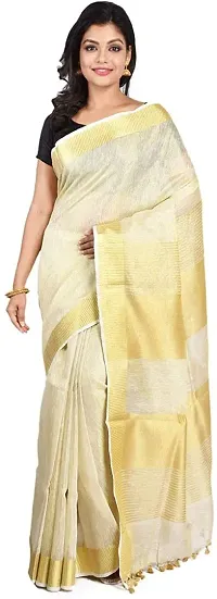 Handloom Women's Bhagalpuri Original  Pure Tissue Linen Saree With Running Blouse Piece (Gold with white)
