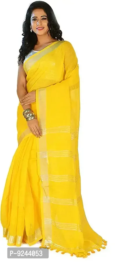 Bhagalpuri Handloom Women's Linen Slub Saree With Running Blouse Piece Attached (Silver-Yellow)-thumb0