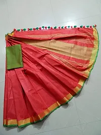 Bhagalpuri Handloom Women's Linen Slub Saree With Contrast Blouse Piece (Green-Gold-Red)-thumb1