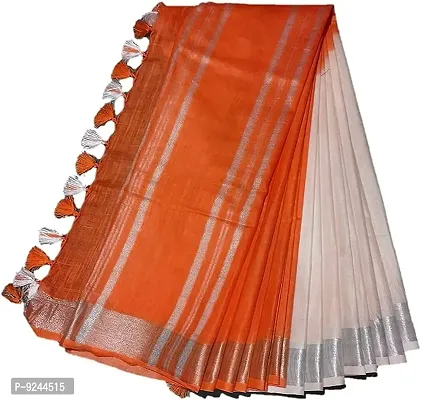 Linen Blend Handloom Zari Border Saree For Women's With Contrast Blouse Piece (Orange  White)-thumb0