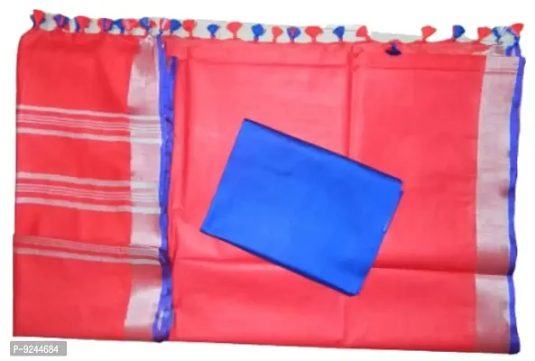 NR Handloom Women's Bhagalpuri Linen Slub Saree With Blouse Piece (NR_1436_Red, Blue)