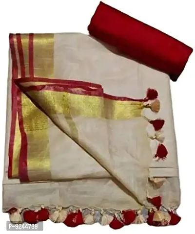 Handloom Women's Linen Slub Saree With Contrast Blouse (Light-Tassar)-thumb0