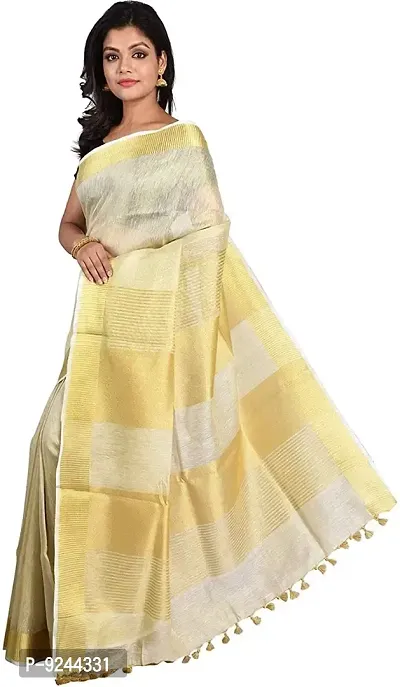 Handloom Women's Bhagalpuri Original  Pure Tissue Linen Saree With Running Blouse Piece (Gold with white)-thumb2