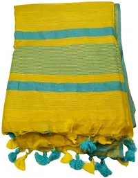 Bhagalpuri Handloom Women's Kota Silk Temple Border Handwoven Saree With Stripes Blouse Piece Attached (Aqua-Blue?Yellow)-thumb1