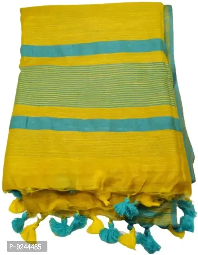 Bhagalpuri Handloom Women's Kota Silk Temple Border Handwoven Saree With Stripes Blouse Piece Attached (Aqua-Blue?Yellow)-thumb2